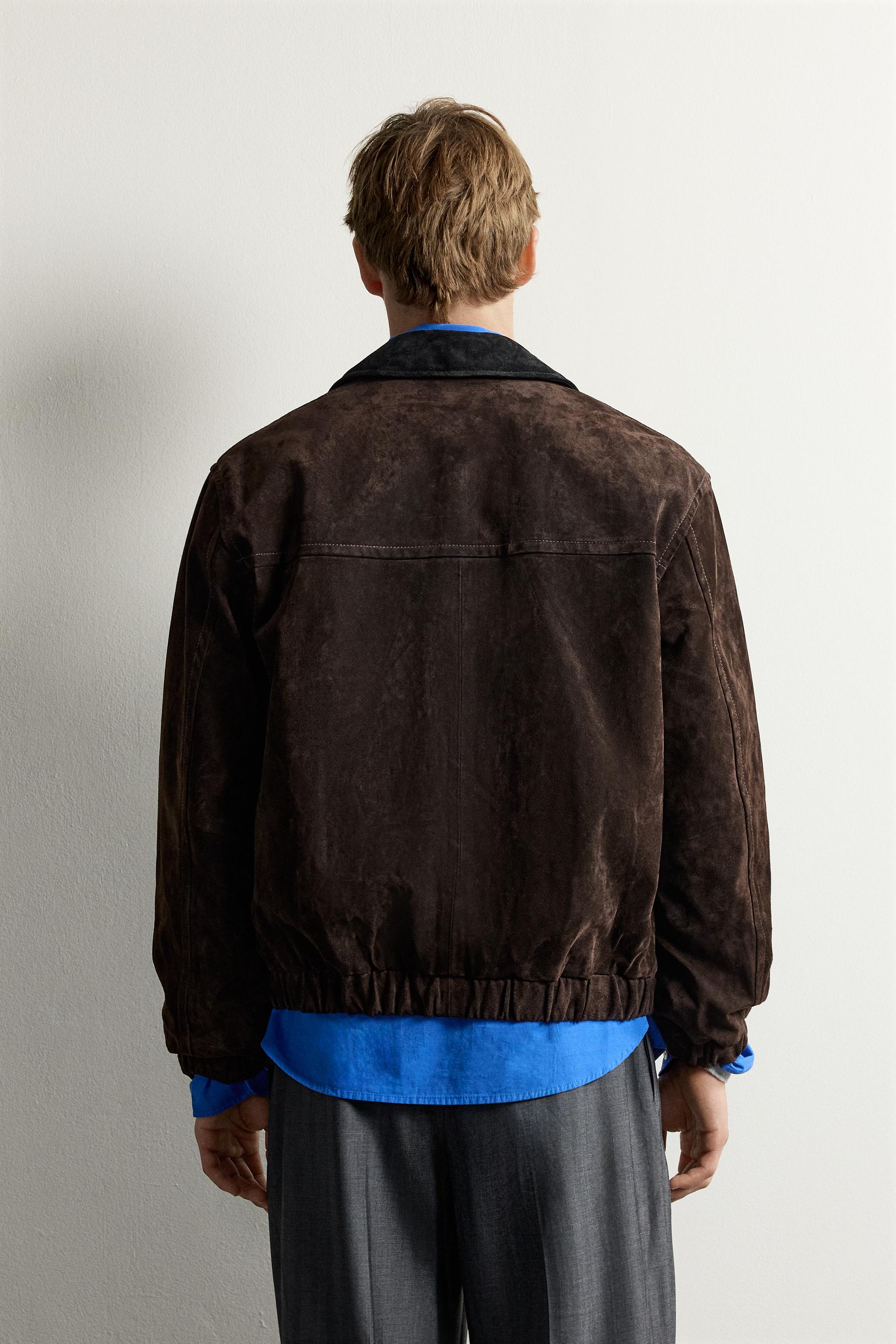 BLOUSON EN CUIR ET DAIM À COL CONTRASTE